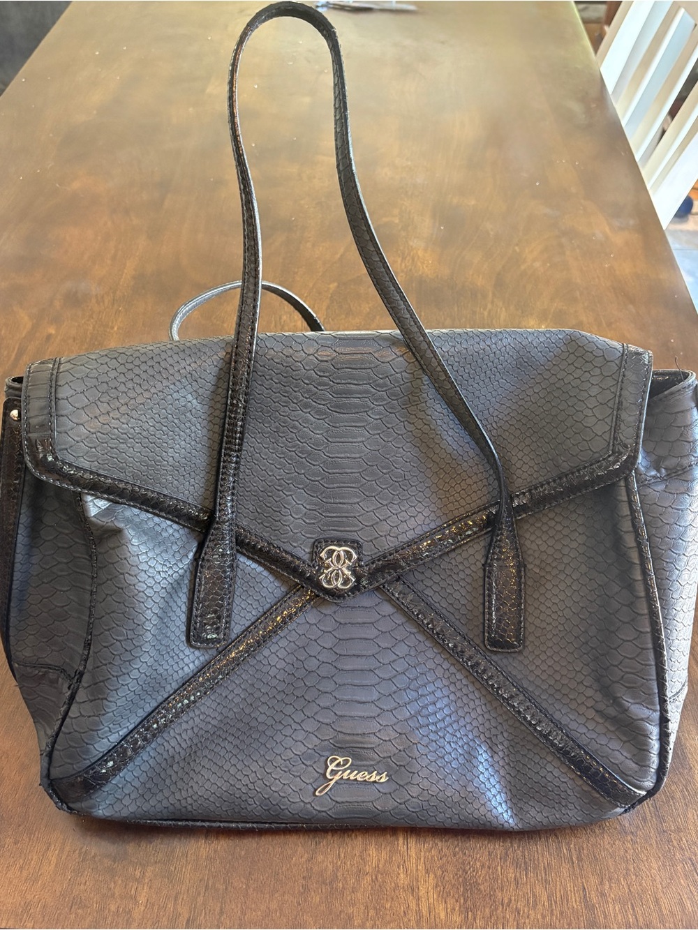 GUESS Black Snakeskin Embossed Y2K Tote Shoulder Bag Floral Lining